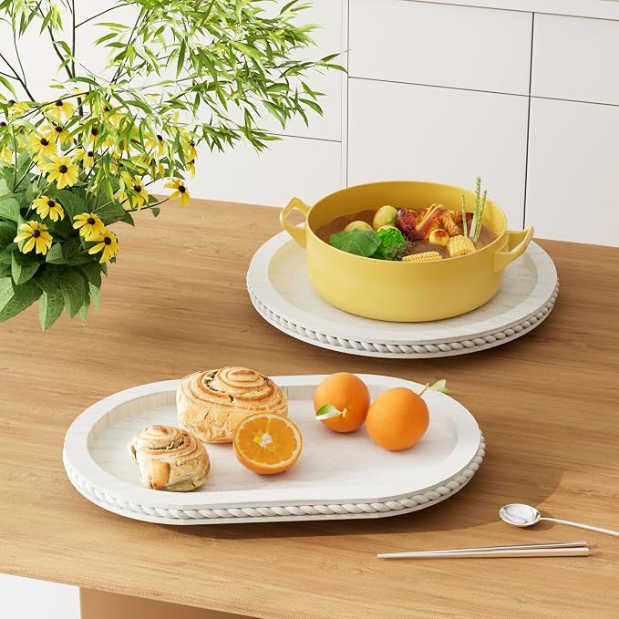 Urban Deco Wooden Tiered Tray, Oval and Round Tray Set of 2, Farmhouse Vintage - Image 7