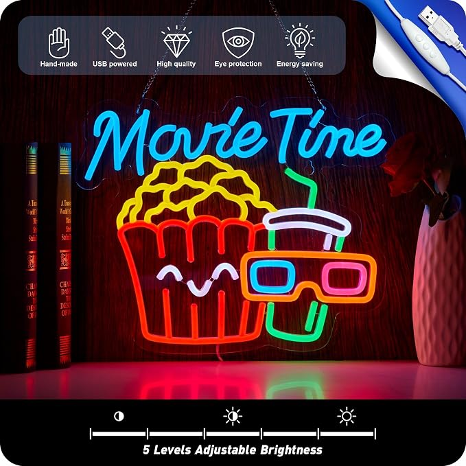Movie Time Neon Sign Popcorn Cinema LED Light USB Powered Neon - Image 4