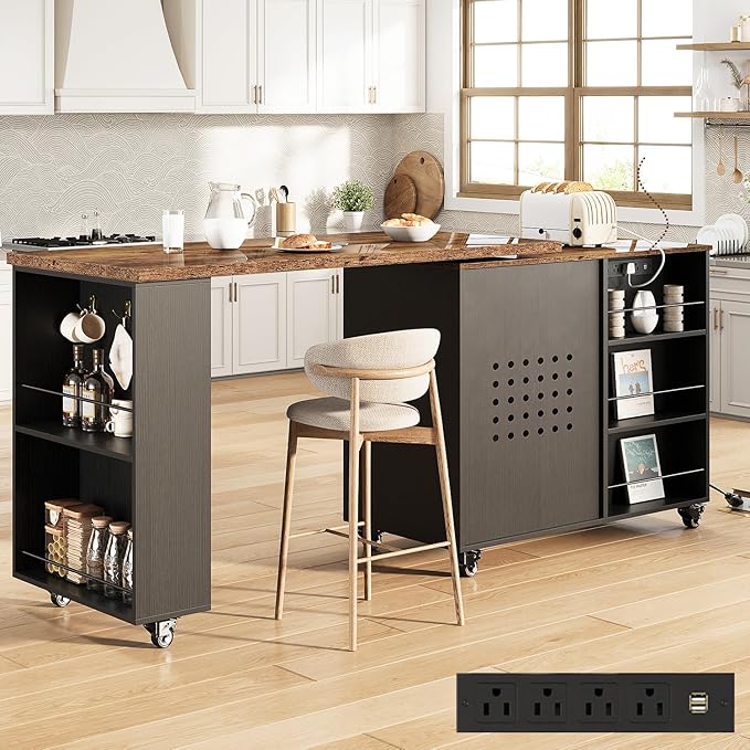 HSH Kitchen Island with Storage & Power Outlet, Rolling Kitchen Island Cart by HOMESWEETHOME