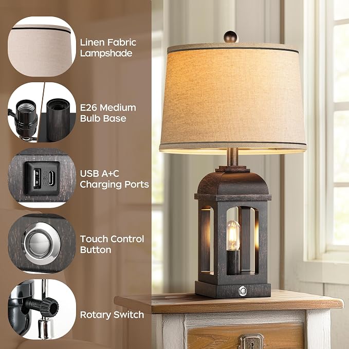 QiMH Table Lamp for Living Room, Farmhouse Lamps Set of 2 - Image 6