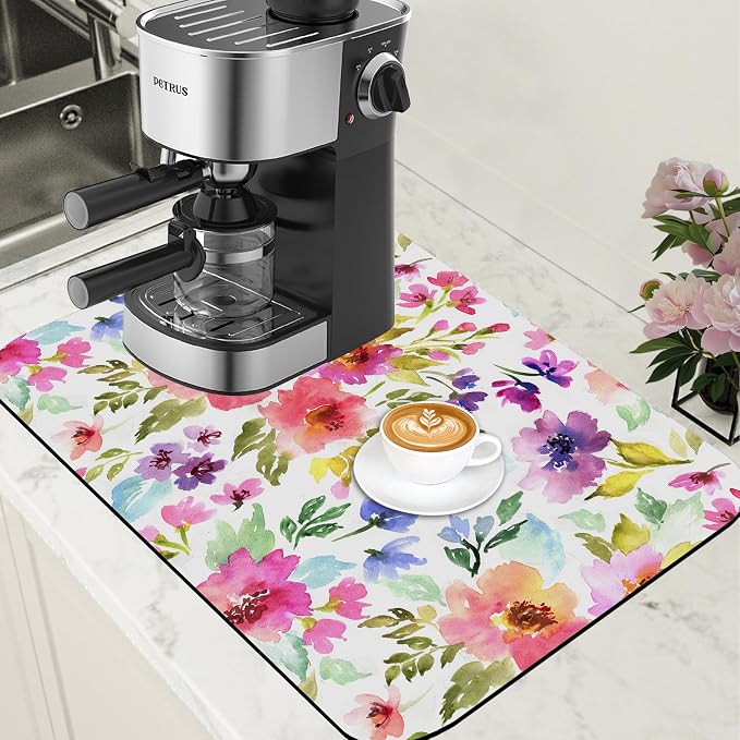 Floral Watercolor Dish Drying Mat Colorful Flowers Coffee Bar Mat by Unknown