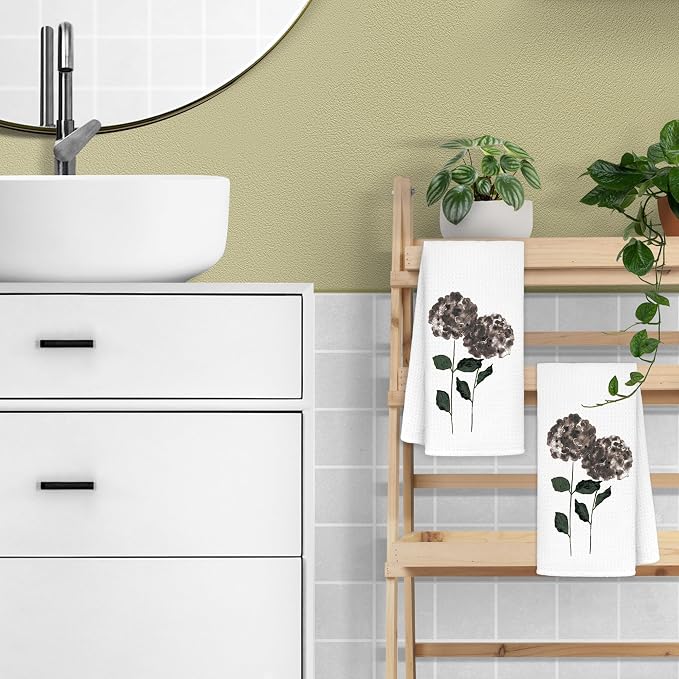 Black Hydrangea Flowers Floral Kitchen Towels Set of 2, Hydrangea Decorative - Image 5
