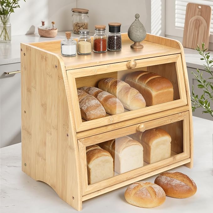 Bamboo Double Layer Bread Box for Kitchen Counter by Hwwelis