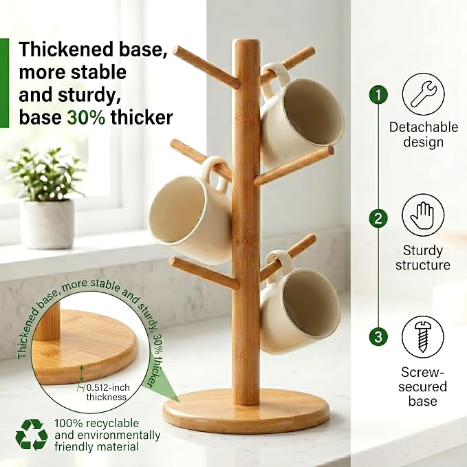Wisuce Coffee Mug Tree Bamboo Mug Holder Coffee Cup Stand Mug Holders - Image 5