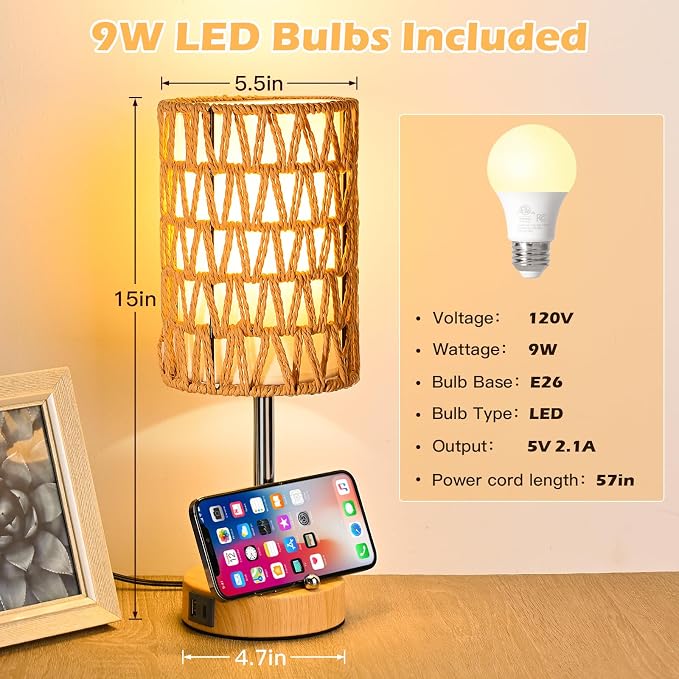 Rattan Table Lamps for Living Room, 3 Way Dimmable Touch Lamps, Small Bedside - Image 5