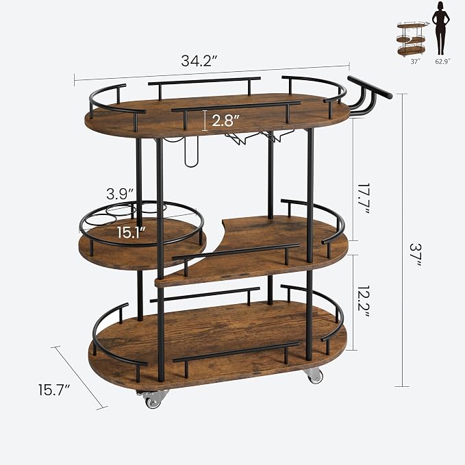 Garvee Bar Serving Cart with Wine Rack and Glass Holder, 3-Tier Rolling Serving - Image 8