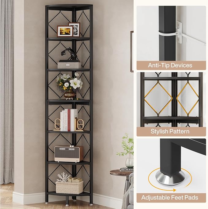 Tribesigns 7-Tier Corner Shelf, 78.7” Extra Tall Corner Bookcase, Industrial - Image 7