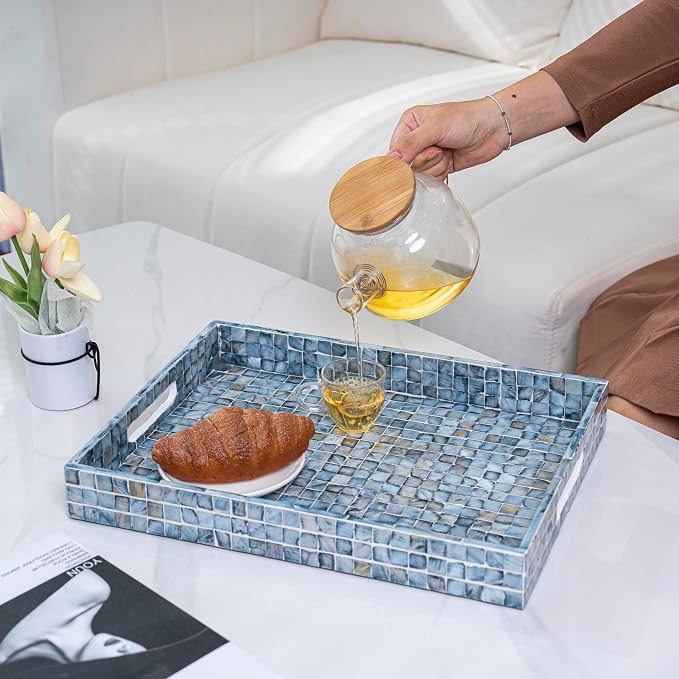 PEMAR Rectangular Mother of Pearl Serving Tray Nacre Wood Lap Ottoman Tray - Image 11