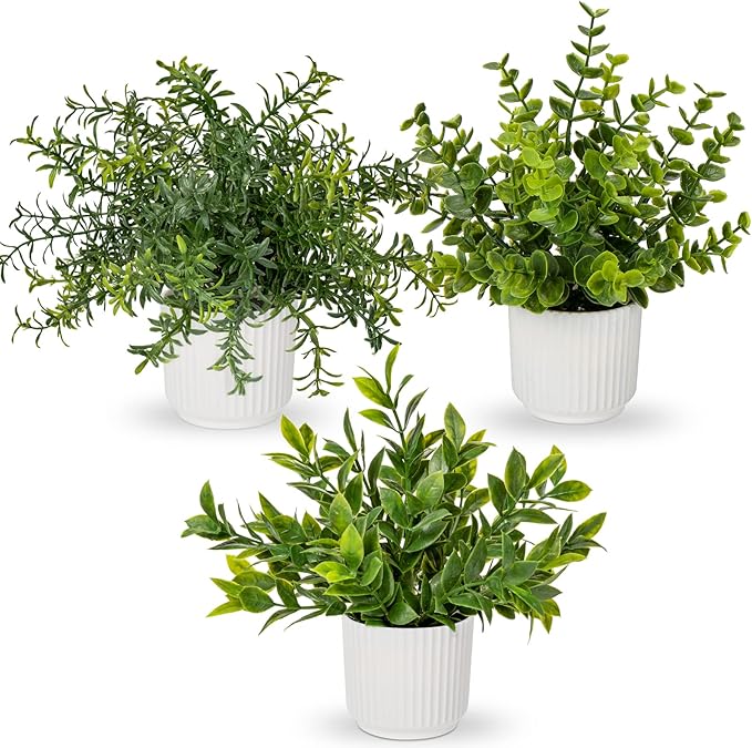Hollyone 3 Pack Artificial Potted Plants Eucalyptus Rosemary ZZ Plant by Hollyone
