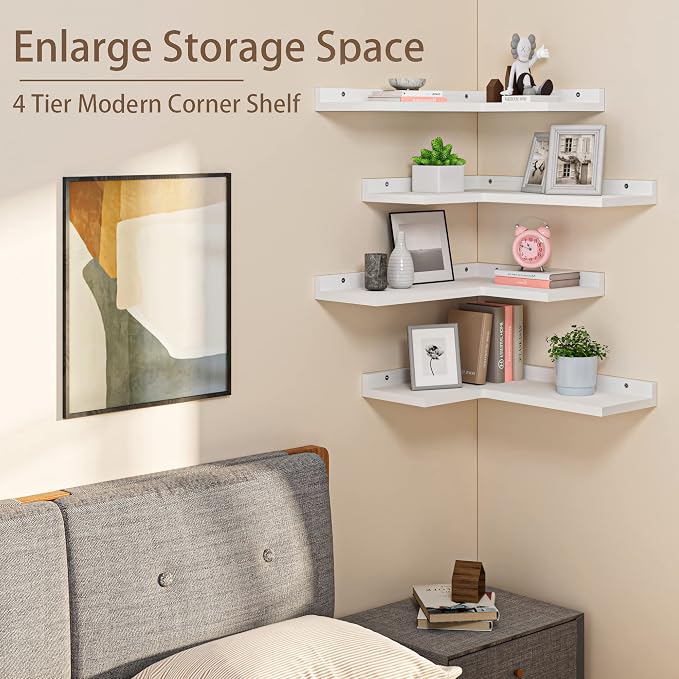 4 Tier Floating Corner Shelves White Set of 4, Rustic Pine Wooden Floating - Image 5