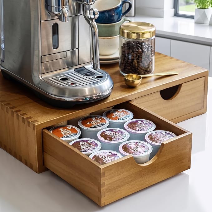 Acacia Wood K Cup Drawer Under Coffee Maker, 30 Pod Wooden K Cup Organizer by Elevateyourmomentwithus