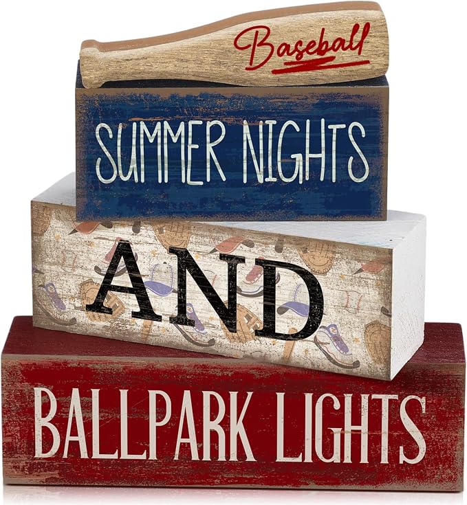 Lineshading 4 Pcs Baseball Decorations Stacked Wooden Blocks Signs by Lineshading