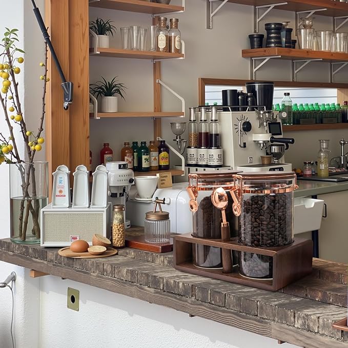 Glass Coffee Container with Wooden Shelf, 2 x 40 FLOZ Coffee Bean Storage with - Image 5