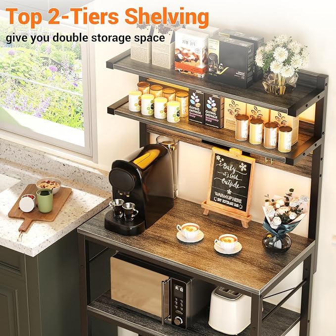 Aheaplus Bakers Rack with Power Outlet, Microwave Stand, 5 Tiers Coffee Bar - Image 5