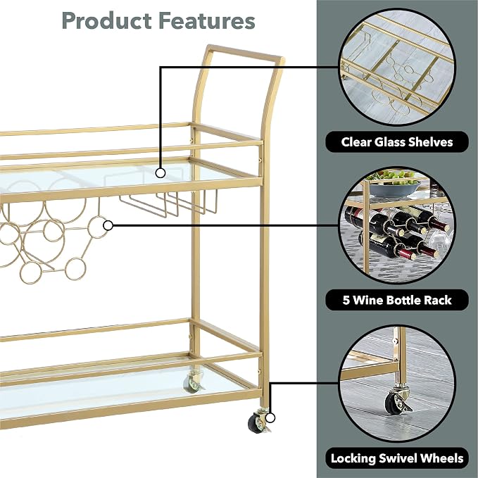 FirsTime & Co. Gold Francesca Bar Cart, 2 Tier Mobile Mini Bar, Kitchen Serving - Image 5