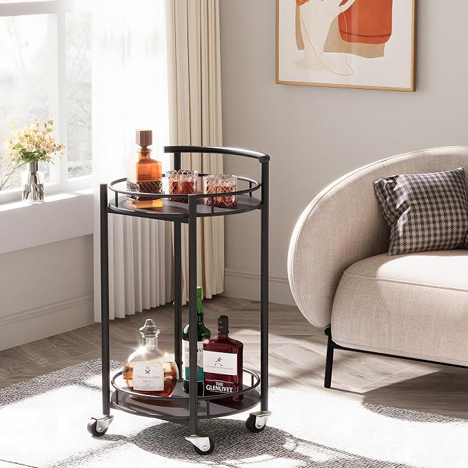 Bar Cart Black Rolling Cart for Home, 2 Tiers Bar Serving Cart Round Wine Cart - Image 4