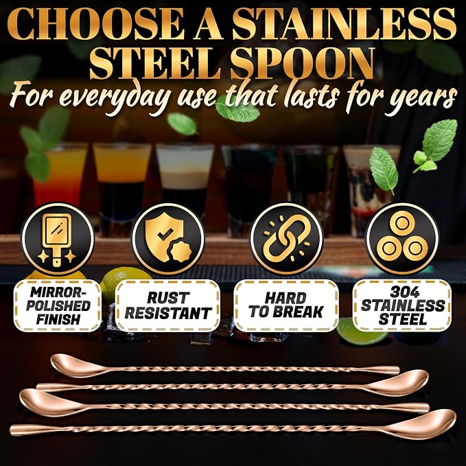 4 Pcs Rose Gold Bar Spoons Cocktail Mixing Spoon Set – Stylish Stainless Steel - Image 3