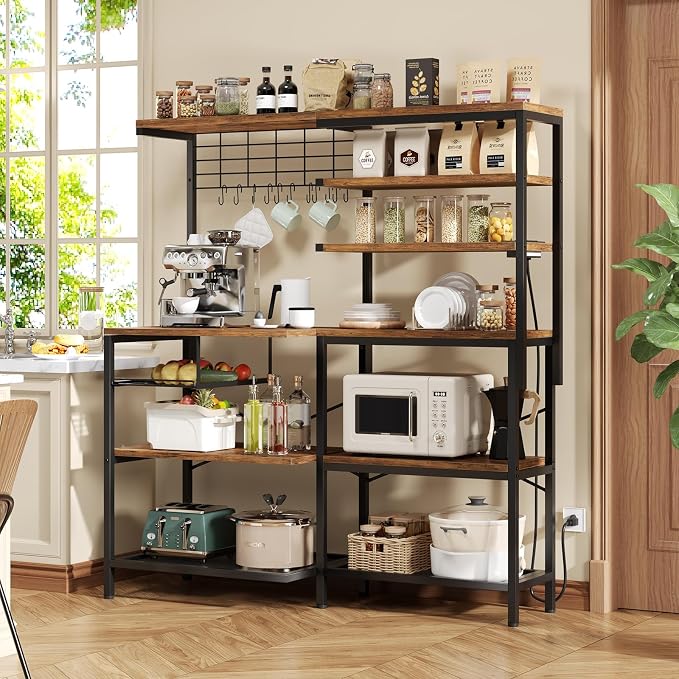 L-Shaped Bakers Rack with Power Outlet, 6-Tier Microwave Stand with Open Storage by WelcometoIABIFO