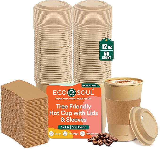 ECO SOUL 50 Pack 12 oz Disposable Coffee Cups by ECOSOUL