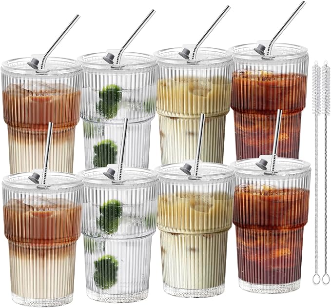 HIGIINC Iced Coffee Cups With Lids and Straws 8 Pcs, 16 OZ Unbreakable Glasses by HIGIINC