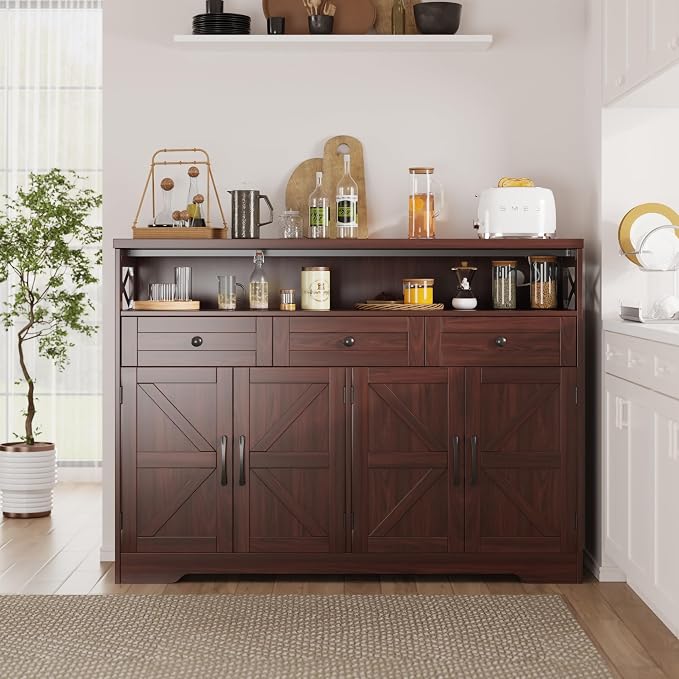 51" Dark Brown Buffet Sideboard Cabinet, Farmhouse Storage Cabinet Kitchen - Image 4