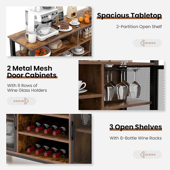 Giantex Coffee Bar Cabinet for Liquor and Glasses, 6 Rows of Wine Glass Holders - Image 6