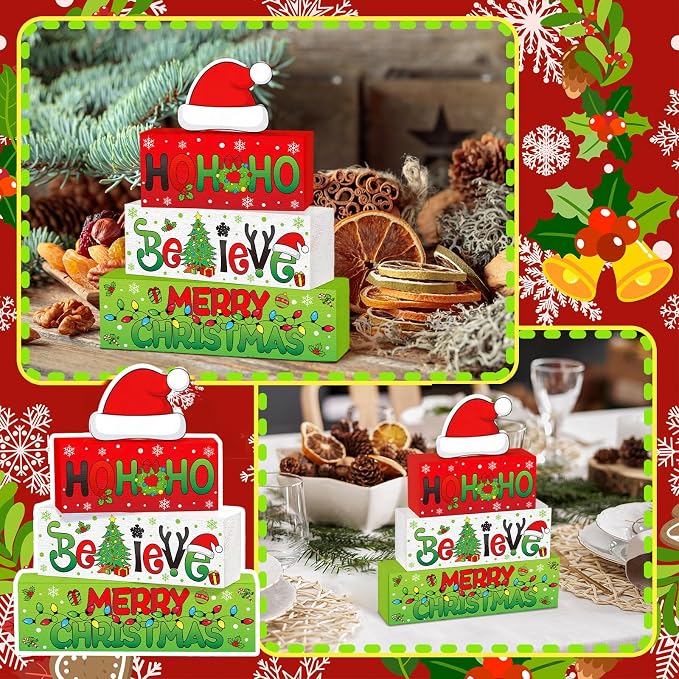 Moucuny 4 Pcs Christmas Table Decor Wooden Hohoho Decoration Red White Green - Image 3