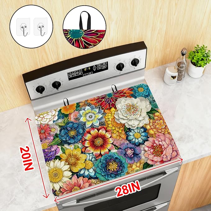Boho Floral Stove Top Cover for Electric Stove, Colorful Flowers Rubber Stove - Image 2
