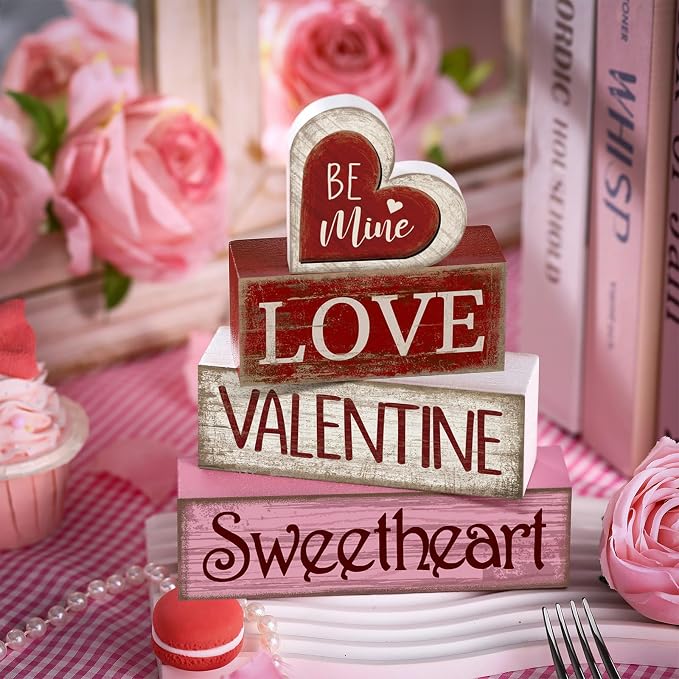 Lineshading 4 Pcs Valentine Table Decoration Wooden Be Mine Heart Decor - Image 5