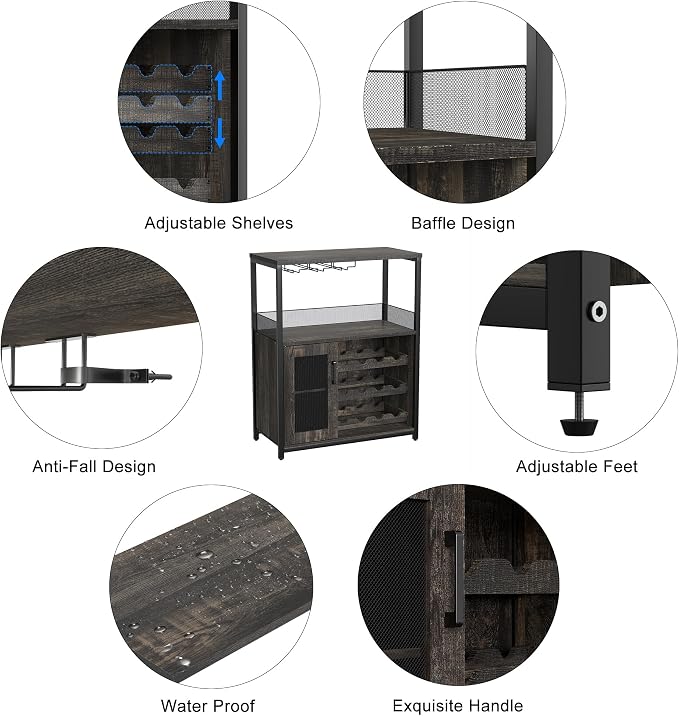 Wine Bar Cabinet, 3-Tier Removable wine rack cabinet glass holder, Mesh door - Image 7