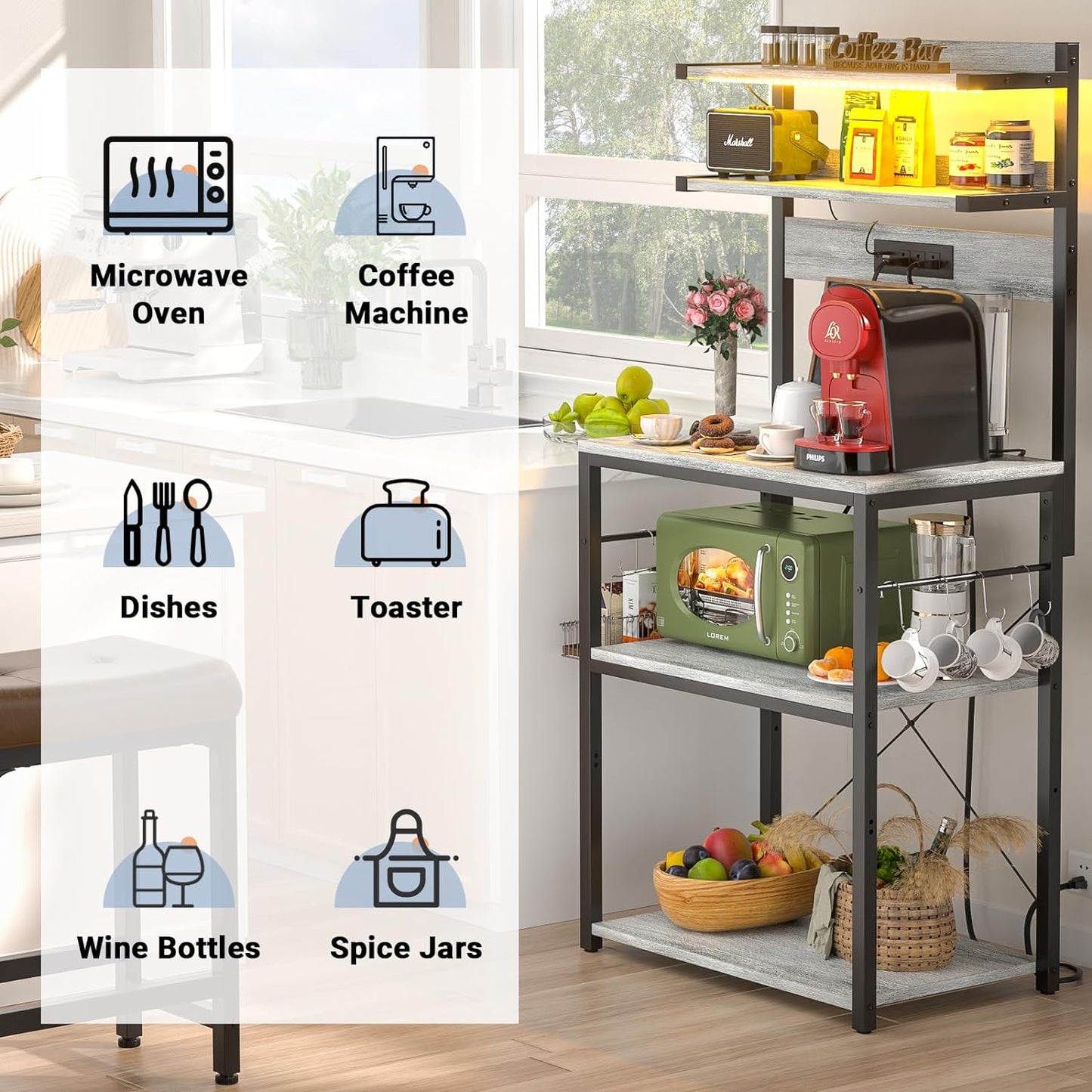 Aheaplus Bakers Rack with Power Outlet, Microwave Stand, 5 Tiers Coffee Bar Station with Led Lights, Kitchen Storage Shelf with 6 S-Shaped Hooks, Kitchen Rack for Spices, Pots and Pans, White Oak