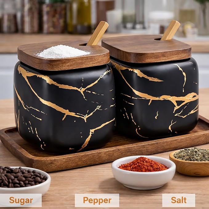 2 Sets of Marble Ceramic Sugar Bowl Ceramic Seasoning Jars - Image 2