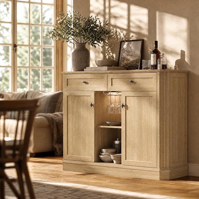 Natural Oak Coffee Bar with 2 Drawers & 2 Doors, LED Wine Bar Cabinet with Wine - Image 7
