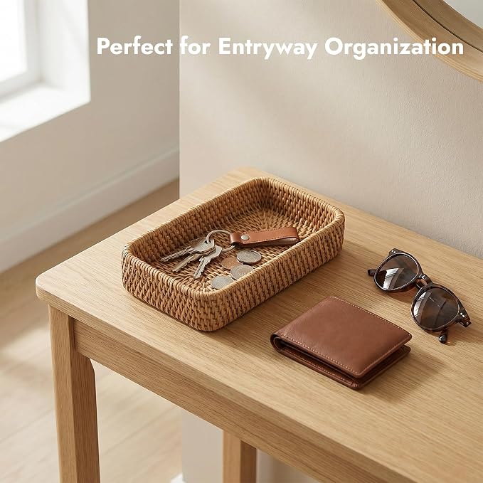 8.3" x 4.3" Small Natural Rattan Storage Tray, Decorative Handwoven Wicker - Image 3
