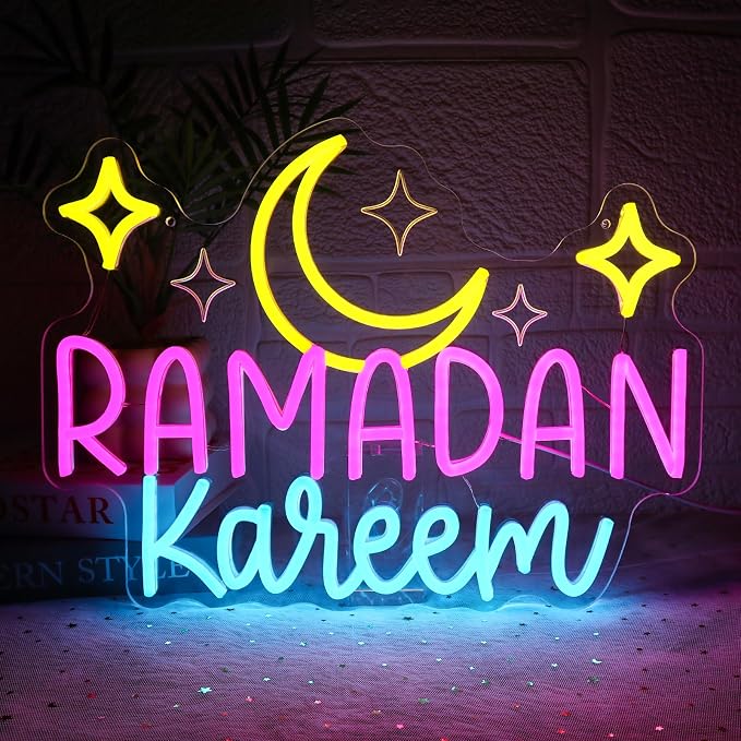 Ramadan Kareem Neon Sign for Wall Decor Dimmable Moon Stars Shape Led Sign for by Unknown