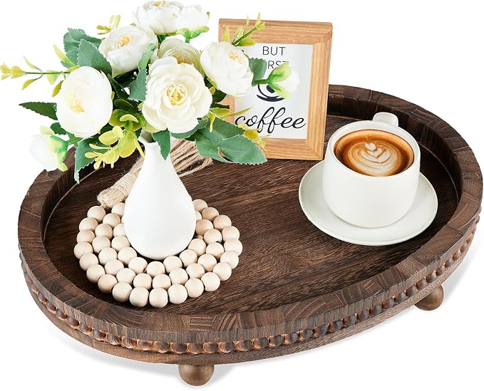 Wooden Decorative Tray-16×11.8in Wood Beaded Coffee Table Decor Tray, Rustic by HouseJoy