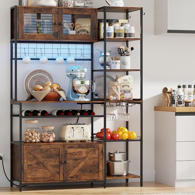 67 in Tall Bakers Rack with Power Outlet & LED Light, Coffee Bar Cabinet with 2 - Image 8