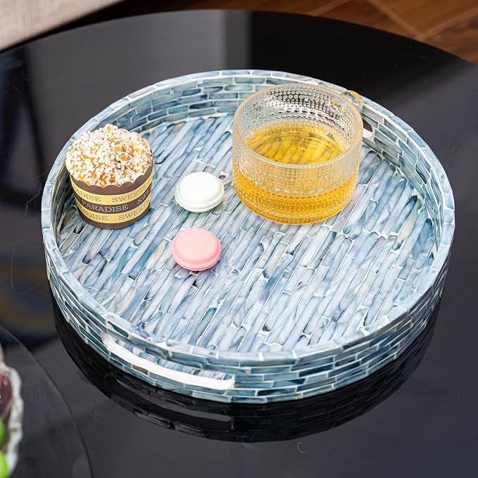 PEMAR 12.6” Mother of Pearls Lacquer Inlaid Round Serving Tray - Image 5