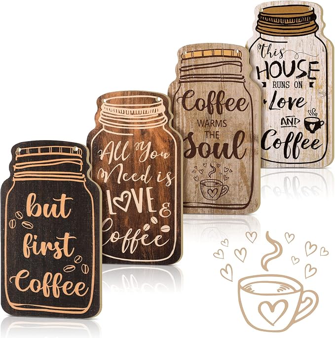 Jetec 4 Pcs Coffee Bar Decor Mason Jar Wood Sign Wall Hanging Plaque But First by Jetec