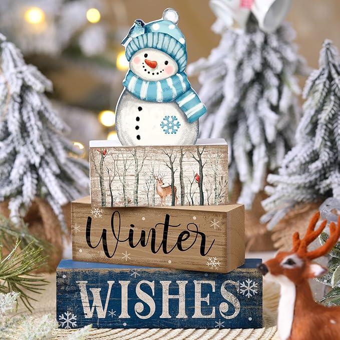 Lineshading 4 Pcs Snowman Christmas Table Decorations Blue and White Wooden - Image 2