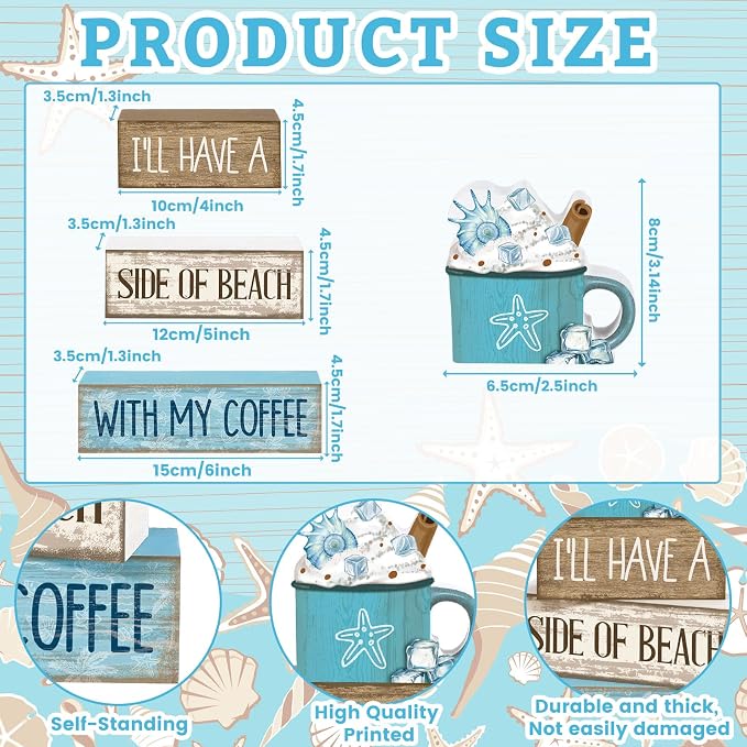 Lineshading 4 Pcs Summer Table Decorations Beach Coffee Bar Wooden Block Sign - Image 4