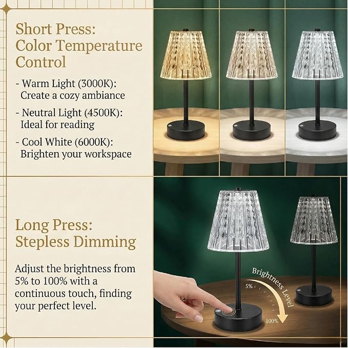 Black Cordless Table Lamp Rechargeable, Small Battery Powered Lamp 5000mAh - Image 4