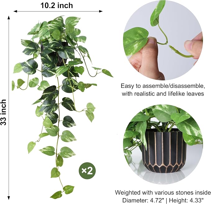 Fake Plants 2 Pcs Faux Pothos Plants Potted Indoor Artificial Hanging Plants - Image 2