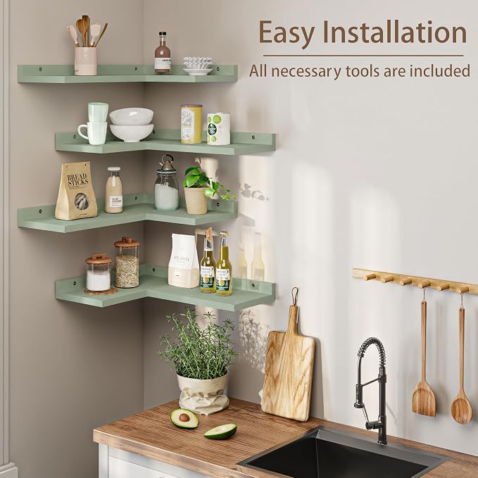 4 Tier Floating Corner Shelves Cyan Set of 4, Rustic Pine Wooden Floating - Image 3