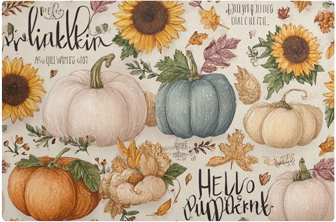 Beige Pumpkin and Sunflower Thanksgiving Coffee Mat Coffee Bar Maker Backed by QwThum