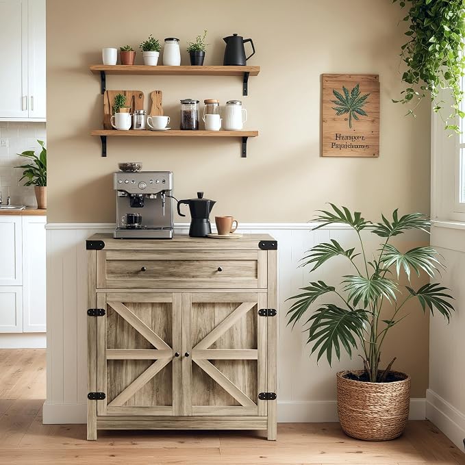 YESHOMY Coffee Bar and Accent Cabinet, Farmhouse Barn Door Buffet Sideboard - Image 2