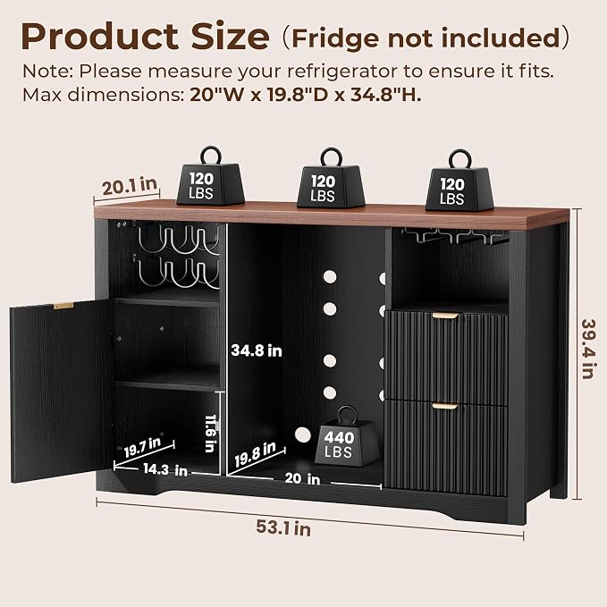 Coffee Bar Cabinet with Fridge Space, Wood Buffet Sideboard Table, Fluted - Image 2