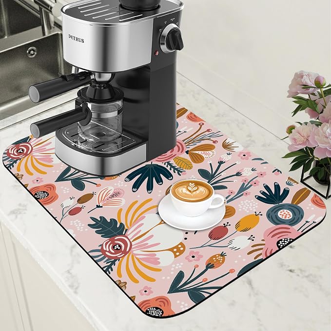 Dish Drying Mat Pink Flowers Berries Leaves Coffee Bar Mat by Unknown