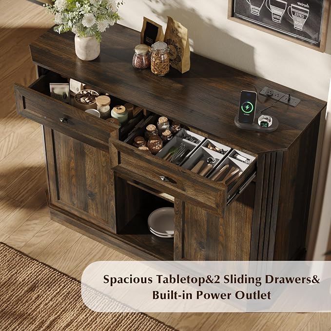47" Wine Bar Cabinet with LED Light & Power Outlets, 2 Door Coffee Bar Cabinet - Image 3