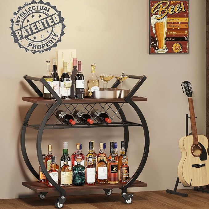 LVB Modern Gold Bar Cart, Industrial Rolling Serving Wine Cart - Image 3